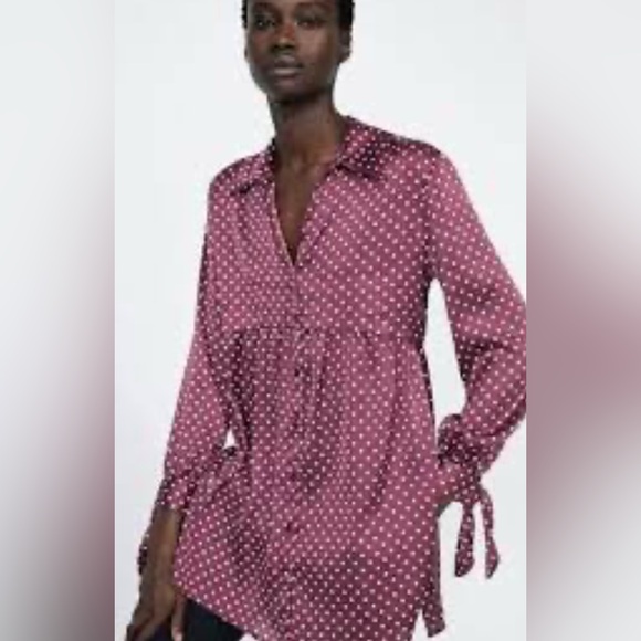 ZARA Basic Satin Polka Dot Tunic Blouse Shirt Dress Women’s Size M Maroon - Picture 1 of 6